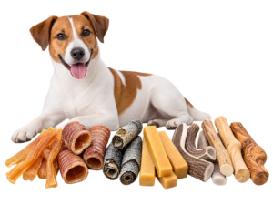 Câine alături de produse naturale de ros pentru câini: tendoane de vită, trahee, rulouri din piele de somon, brânză Himalaya, coarne de cerb și lemn natural